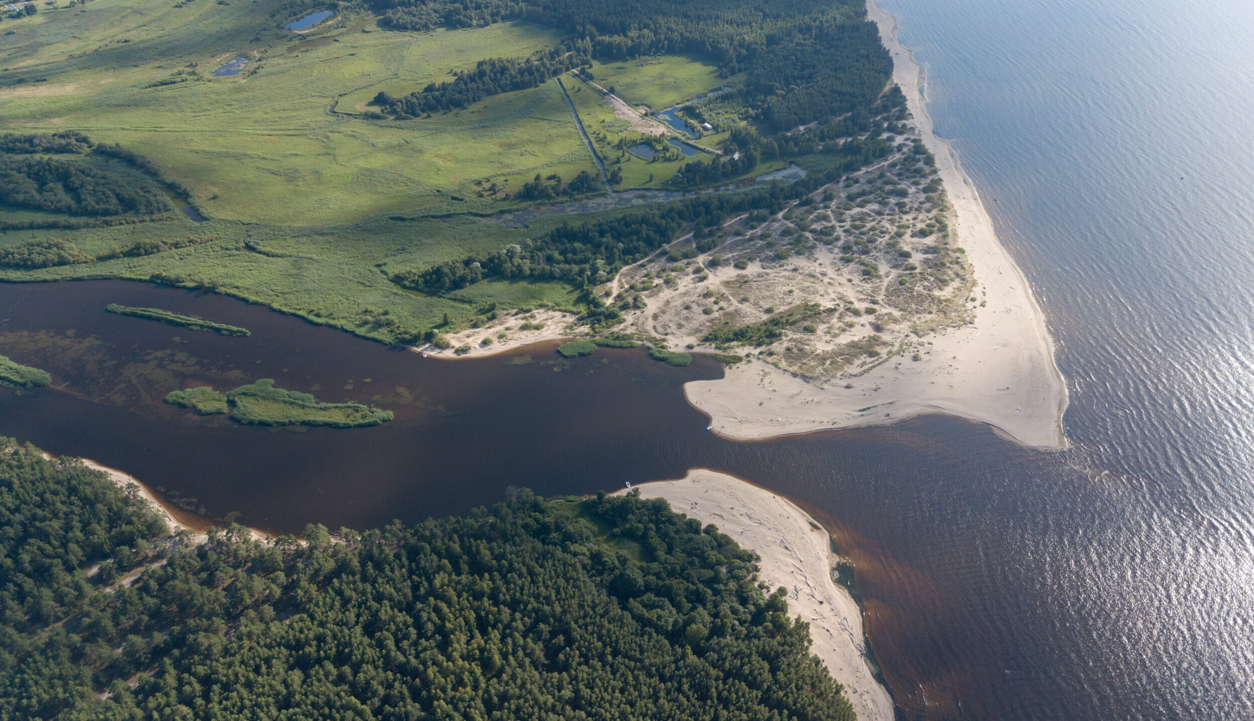 Gauja river Latvia drain into Baltic Sea aerial drone top view
